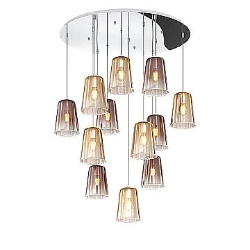 Sospensione Contemp. Rosone Tondo Shaded Metallo Cromo Vetro Ambra Rame 12 Luci