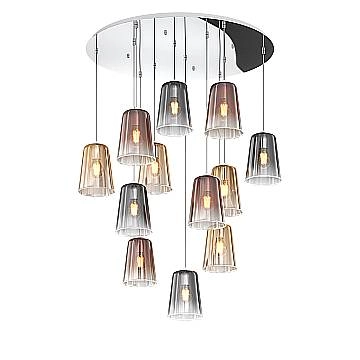 Sospensione Contemp. Rosone Tondo Shaded Metallo Cromo Vetro Multicolor 12 Luci