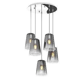 Sospensione Contemp. Rosone Tondo Shaded Metallo E Vetro Cromo 5 Luci E27