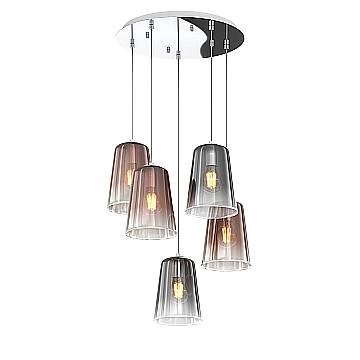 Sospensione Contemp. Rosone Tondo Shaded Metallo Cromo Vetro Rame E Cromo 5 Luci