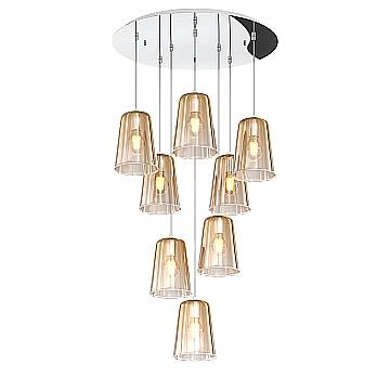 Sospensione Contemp. Rosone Tondo Shaded Metallo Cromo Vetro Ambra 8 Luci E27