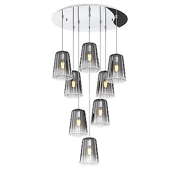 Sospensione Contemp. Rosone Tondo Shaded Metallo E Vetro Cromo 8 Luci E27