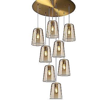 Lampadario Contemporaneo Shaded Metallo Ottone Vetro Ambra 8 Luci E27