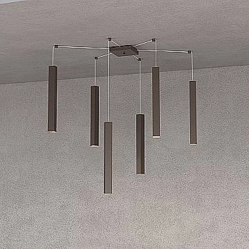 Sospensione Moderna Square Tube Metallo Marrone 6 Luci Gu10 Sospensione Moderna Square Tube Metallo Marrone 6 Luci Gu10