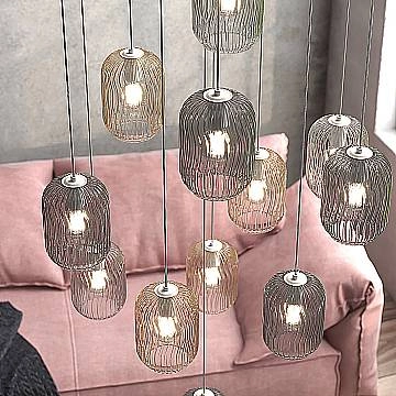 Lampadario Contemporaneo Tender Metallo Cromo Vetro Trasp-Ambra 12 Luci E27