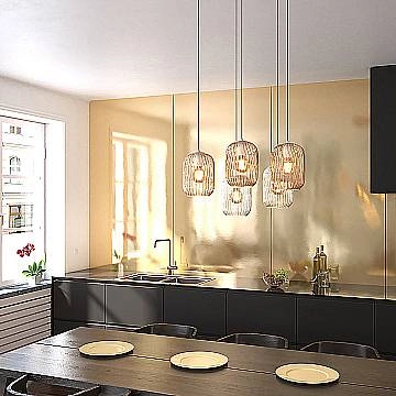 Lampadario Contemporaneo Tender Metallo Ottone Vetro Ambra 5 Luci E27