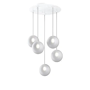 Sospensione Contemporanea Eclipse Metallo Bianco Vetro Bianco Fog 5 Luci G9
