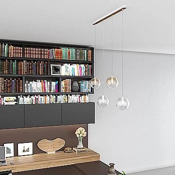 Lampadario Contemporaneo Eclipse Metallo Ottone Vetro Trasp-Ambra 4 Luci G9