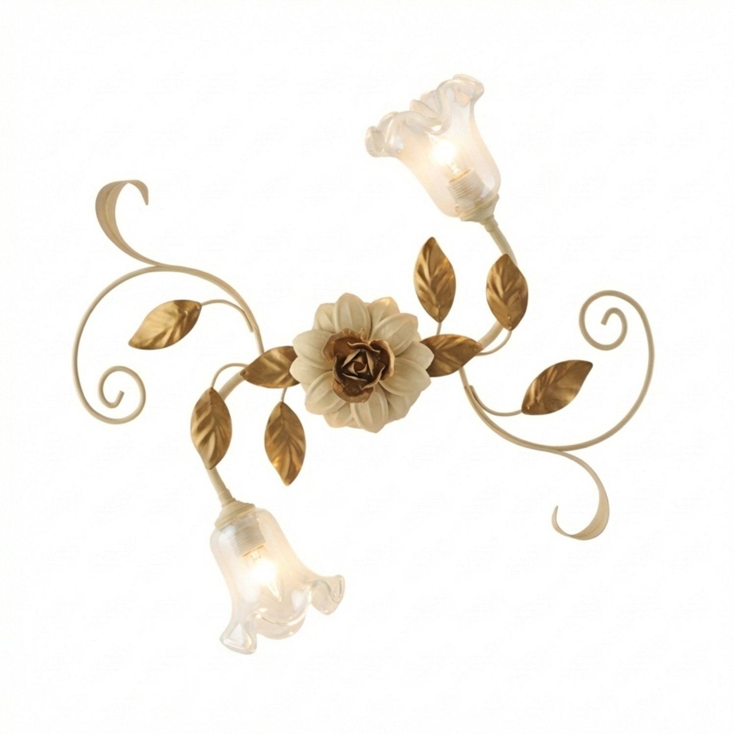 Plafoniera Arte Povera Cesto Metallo Avorio E Oro 2 Luci E14 BL274-PL2-AV