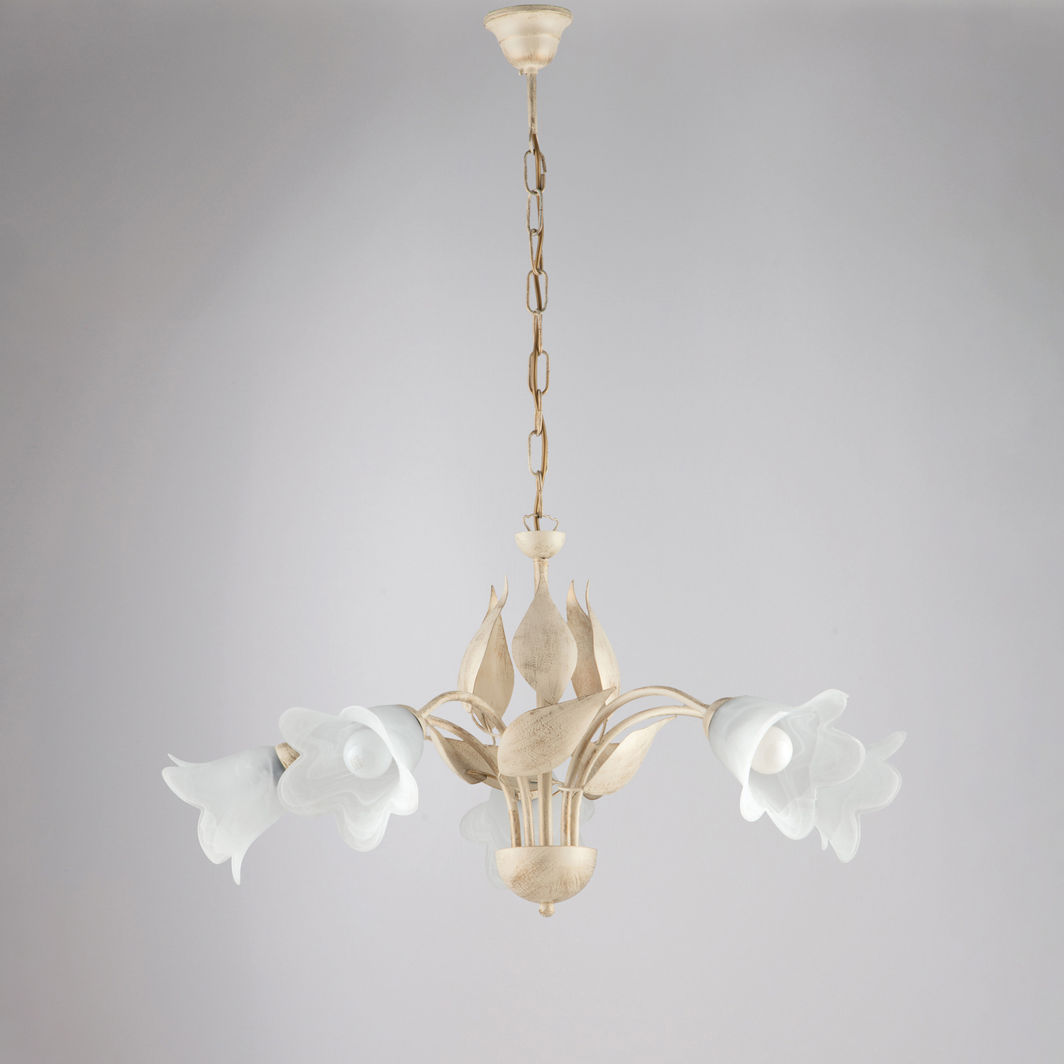 Lampadario 5 Luci Olga Ferro Battuto E Vetro Avorio E Oro BL155-5-AV