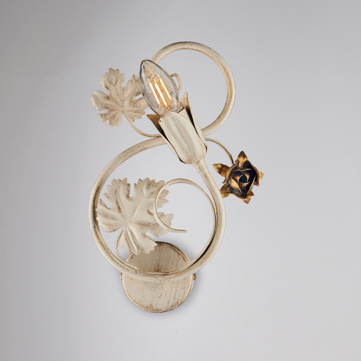 Applique Iris 1 Luce Arte Povera Con Foglie In Ferro Avorio E Oro BL169-AP1-AV
