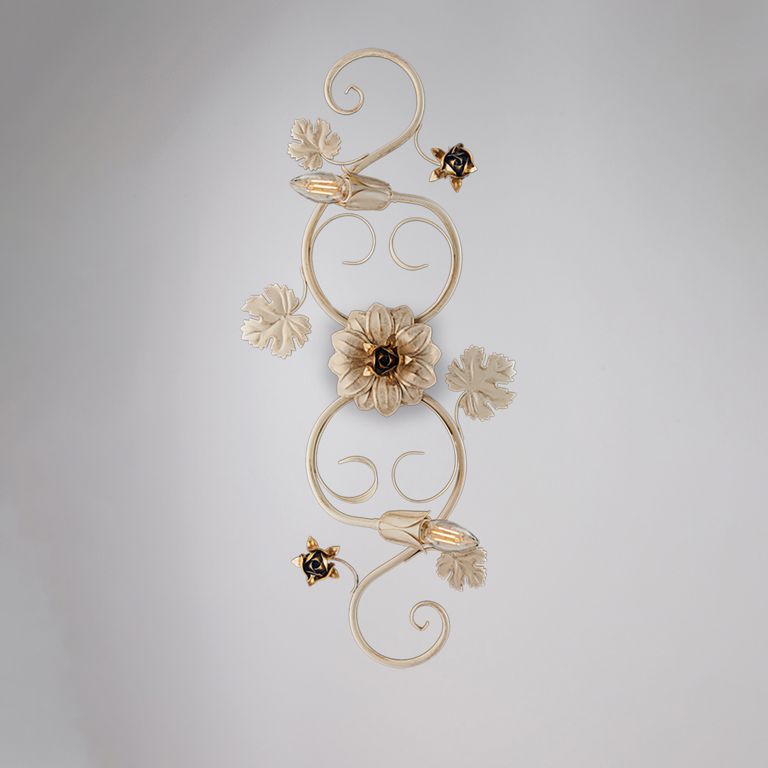 Plafoniera Iris 2 Luci Arte Povera Con Foglie In Ferro Avorio E Oro BL169-PL2-AV