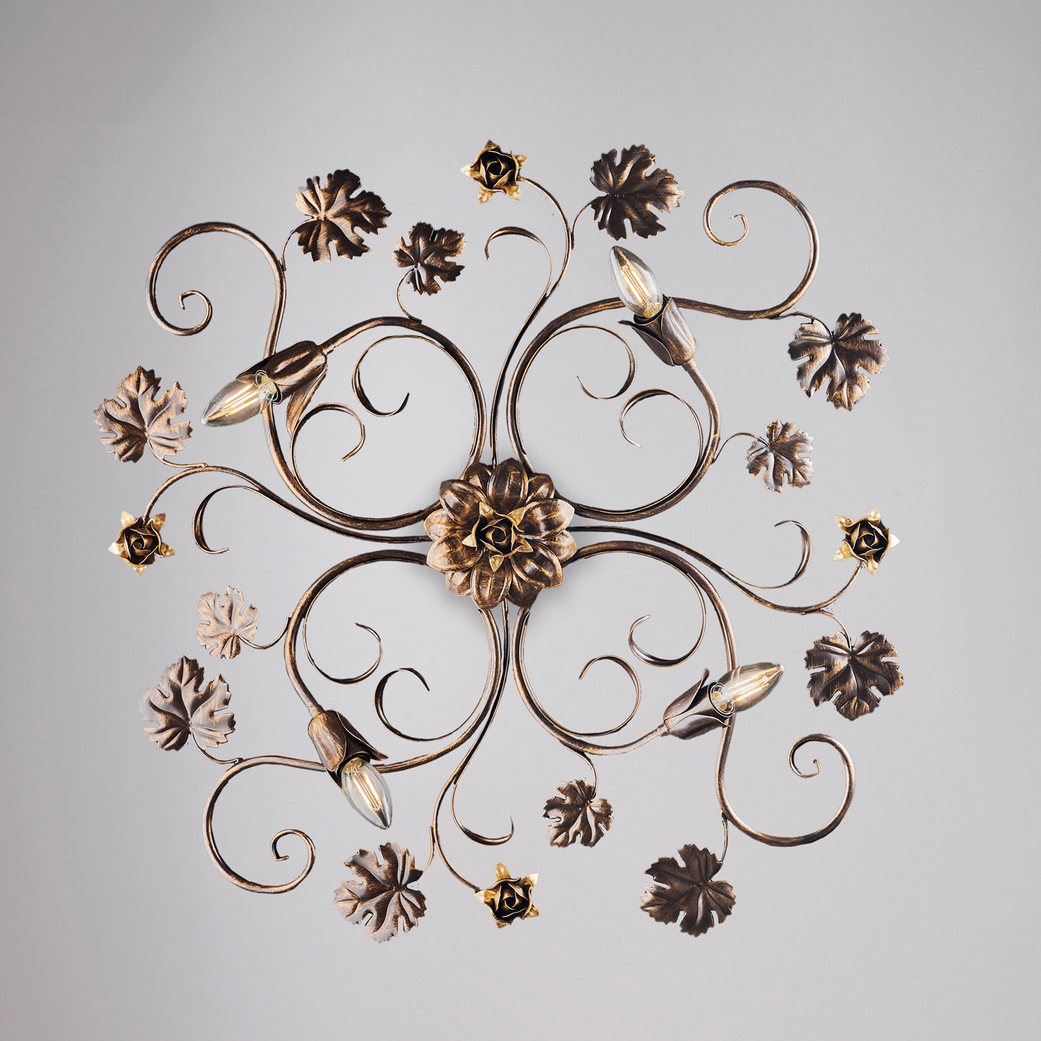 Plafoniera Iris 4 Luci Arte Povera Con Foglie In Ferro Marrone E Oro BL169-PL4-BR