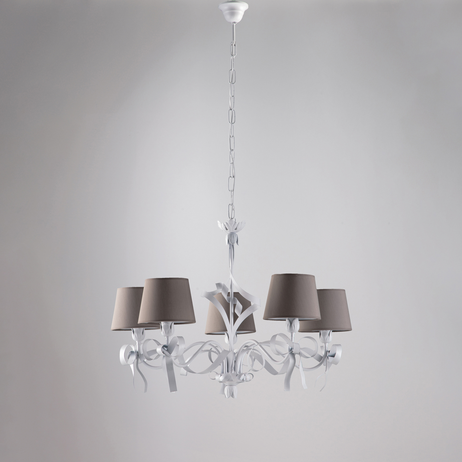 Lampadario Shabby Chic Lucy Bianco 5 Luci Paralumi Tortora BL184-5-BCO