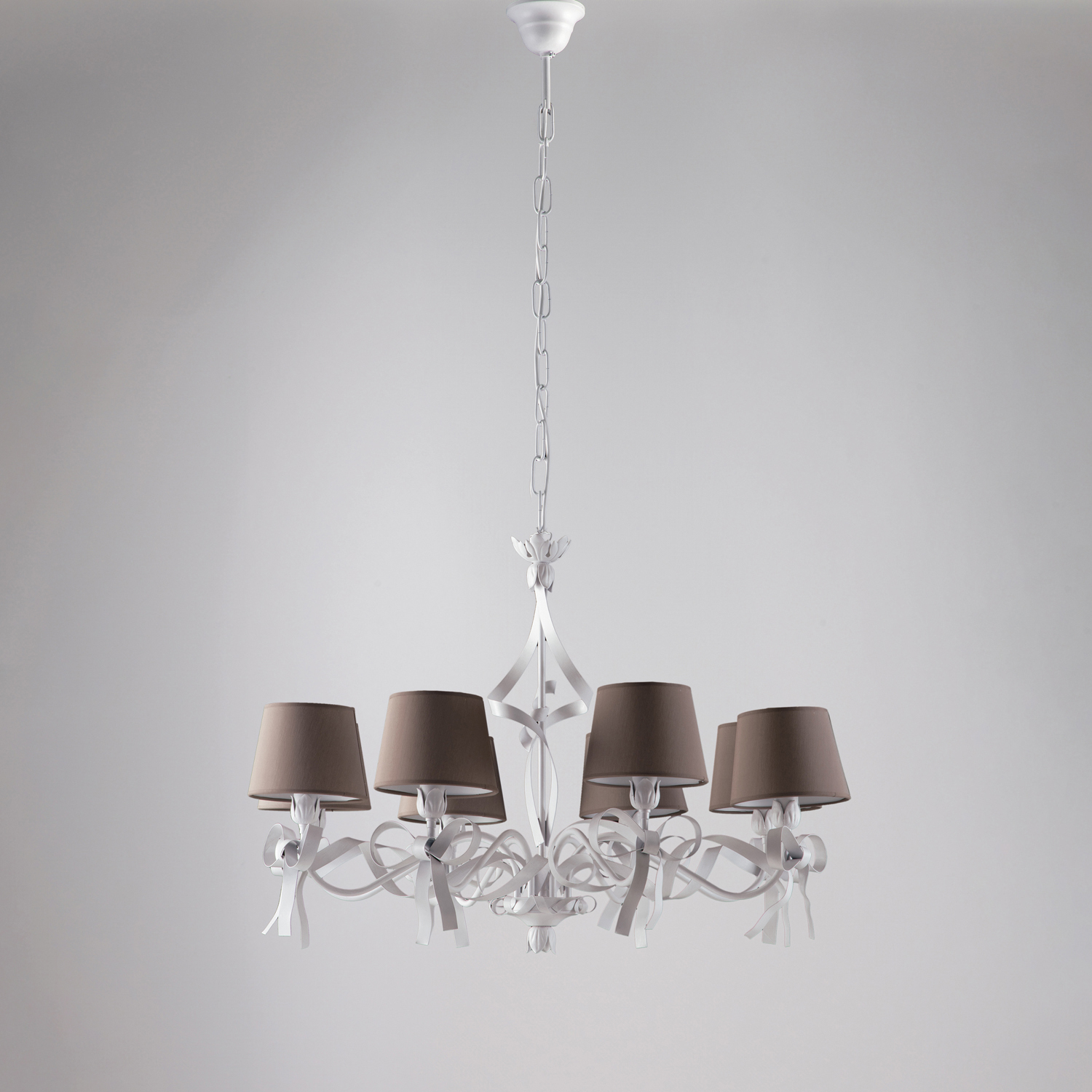 Lampadario Shabby Chic Lucy Bianco 8 Luci Paralumi Tortora BL184-8-BCO