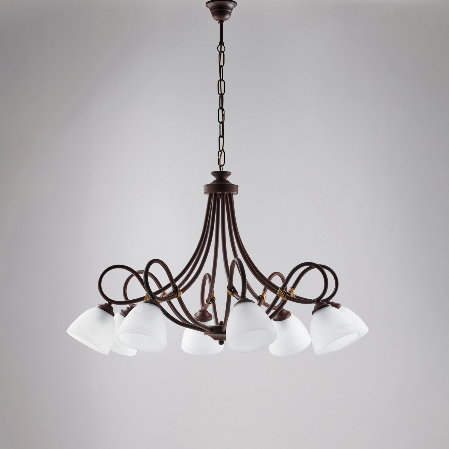 Lampadario 8 Luci Dallas Ferro Battuto Nero E Ruggine Vetro Bianco BL217-8-RG