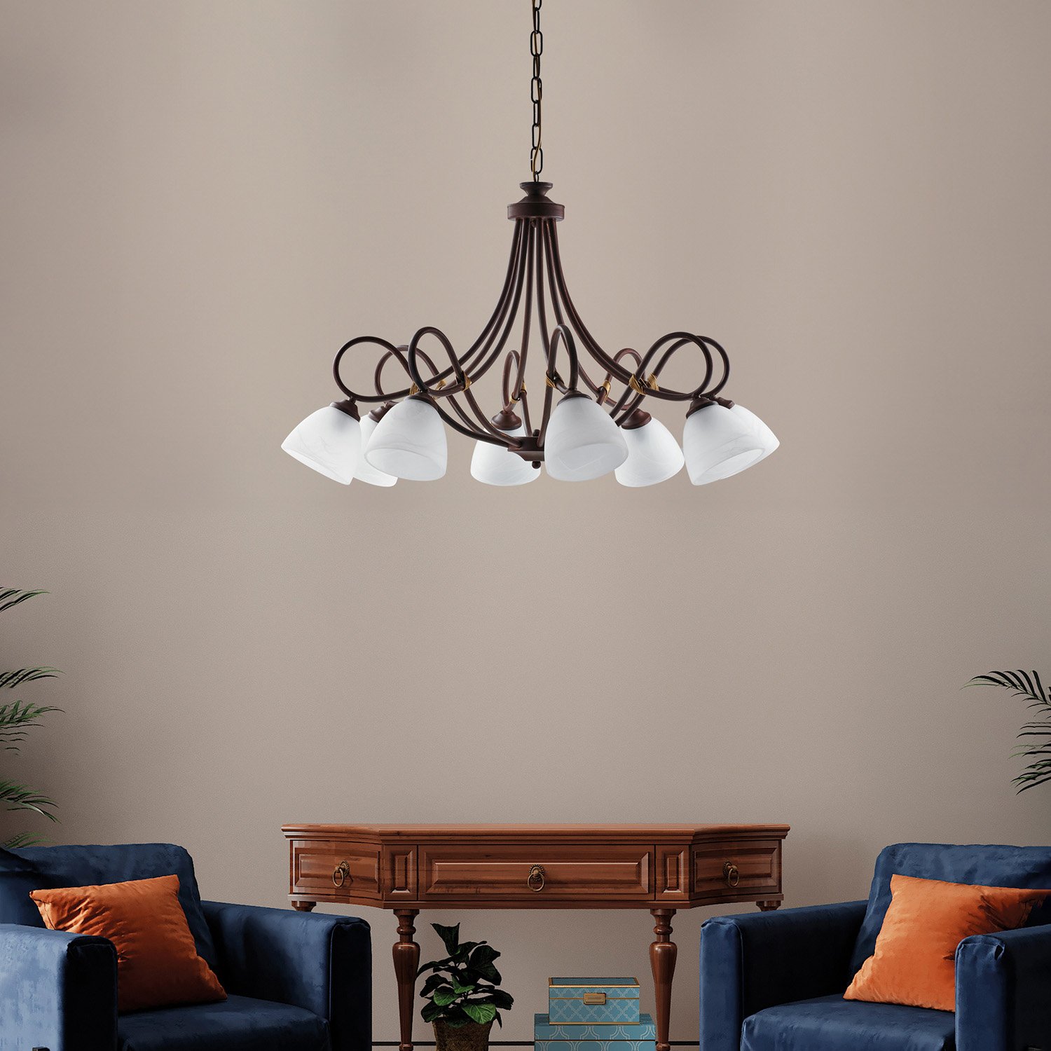 Lampadario 8 Luci Dallas Ferro Battuto Nero E Ruggine Vetro Bianco BL217-8-RG