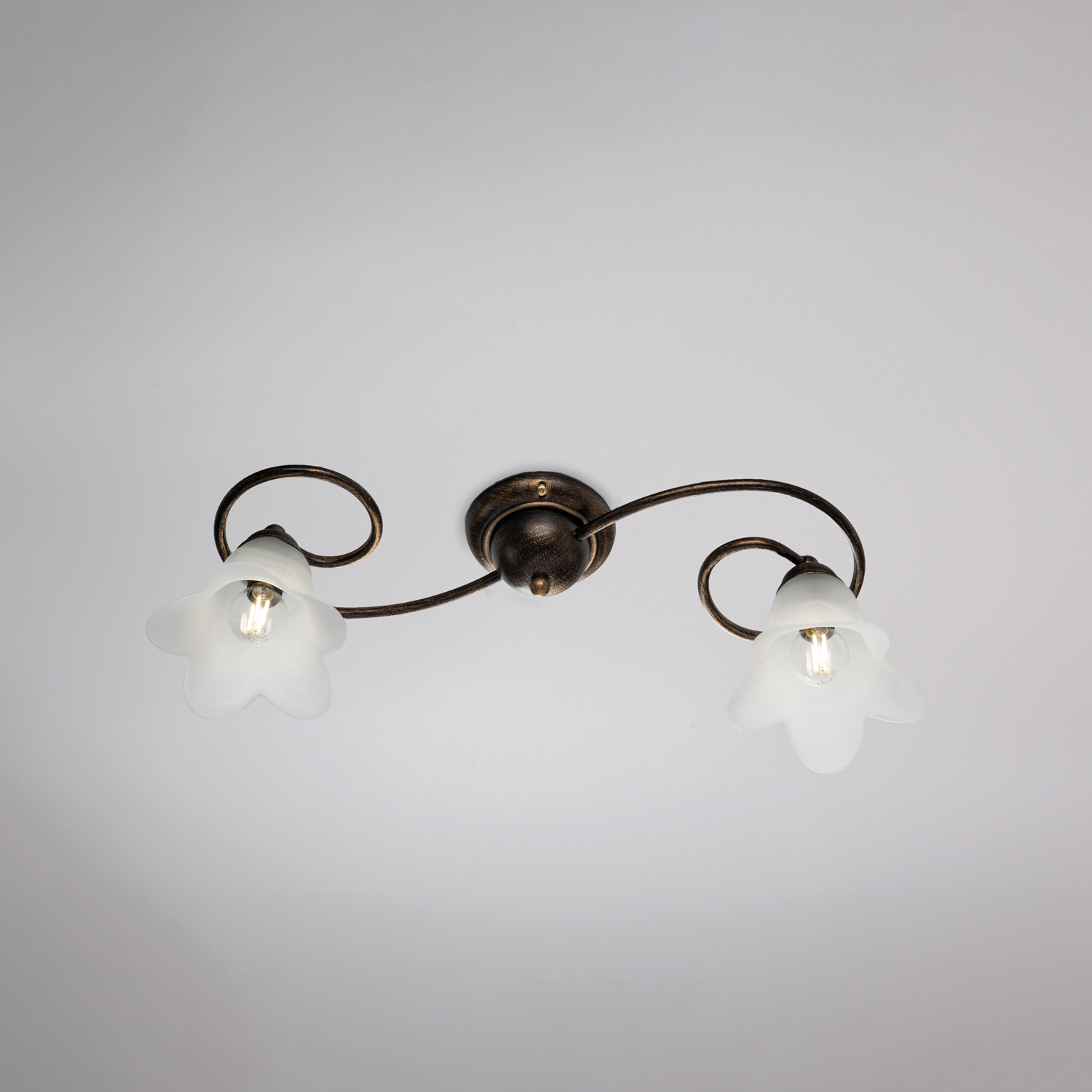 Plafoniera 2 Luci Alice Ferro Battuto Marrone E Oro Vetro Bianco BL230-PL2-BR