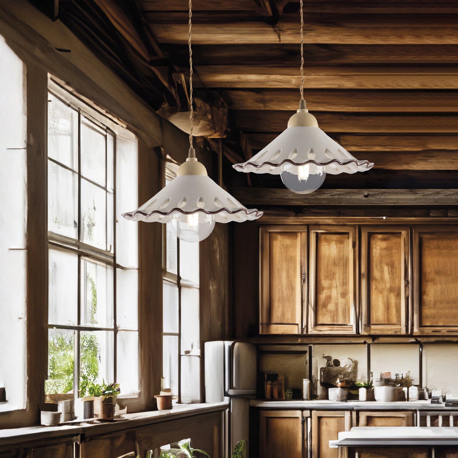 Sospensione 1 Luce Osteria In Ferro Avorio Decapè E Coppa In Ceramica Decorata BL293-1-AV