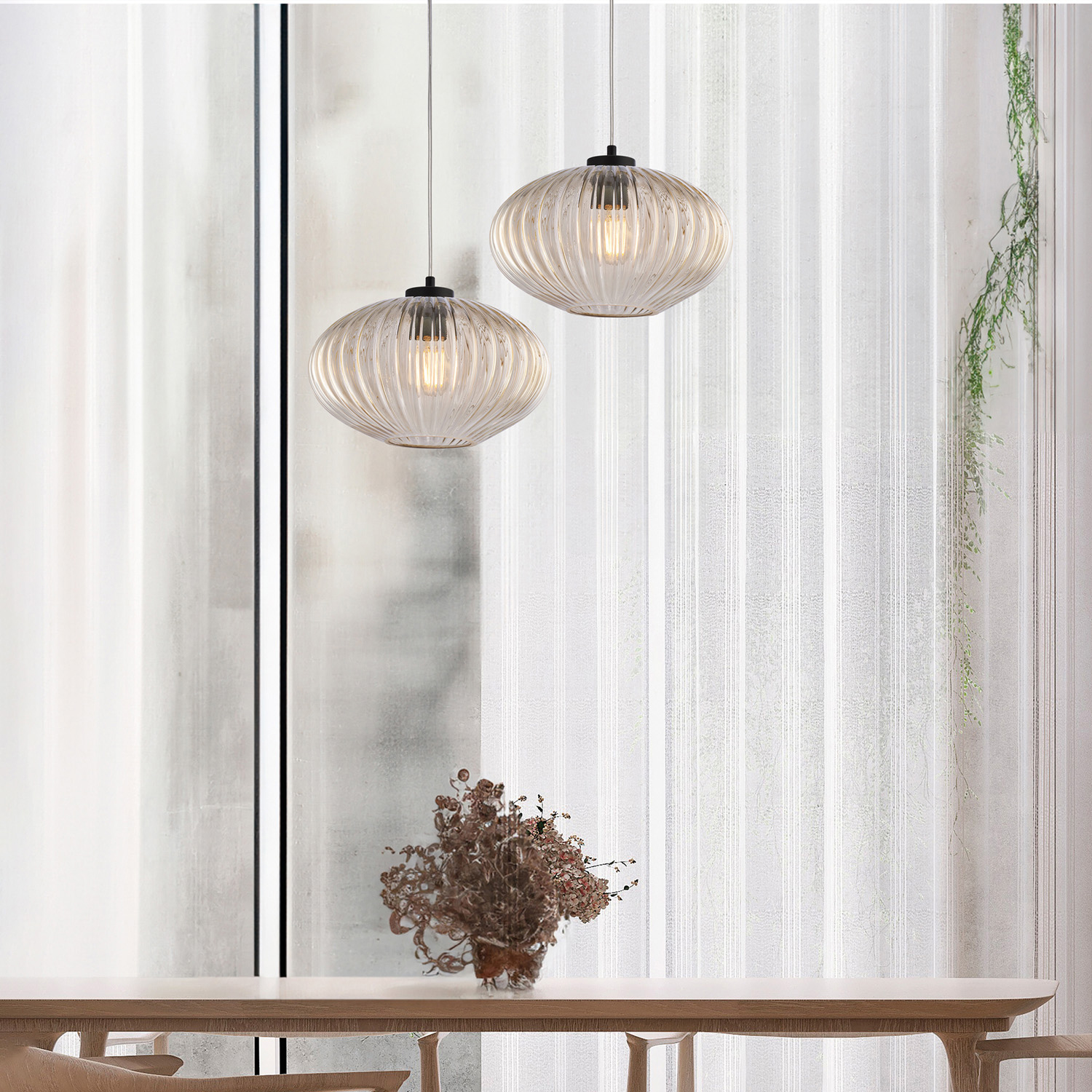 Sospensione 1 Luce Ginger In Ferro Nero E Vetro Ambra Plisse' BL319-S1-AM