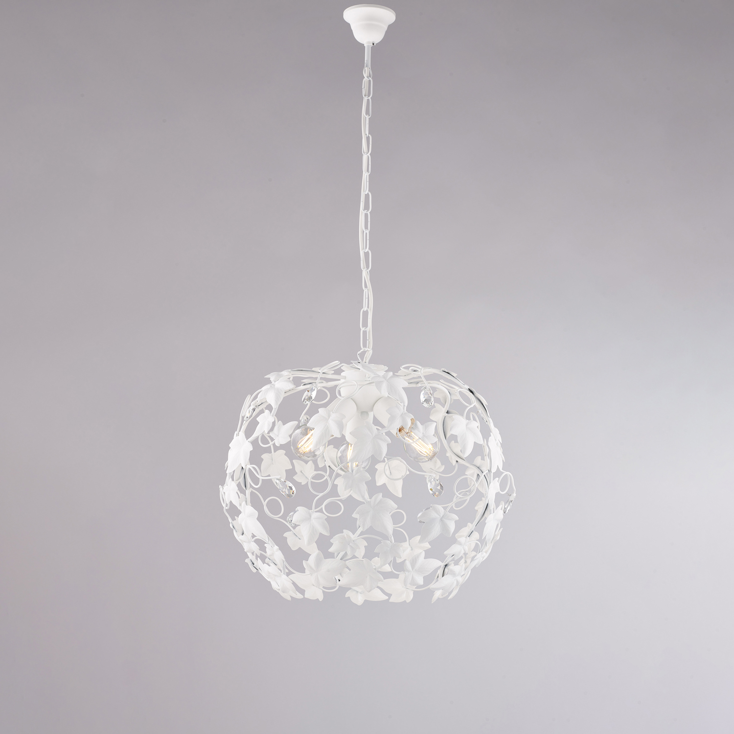 Lampadario Shabby Edera 3 Luci Ferro Battuto Bianco Con Foglie E Cristalli BL50-3-BCO