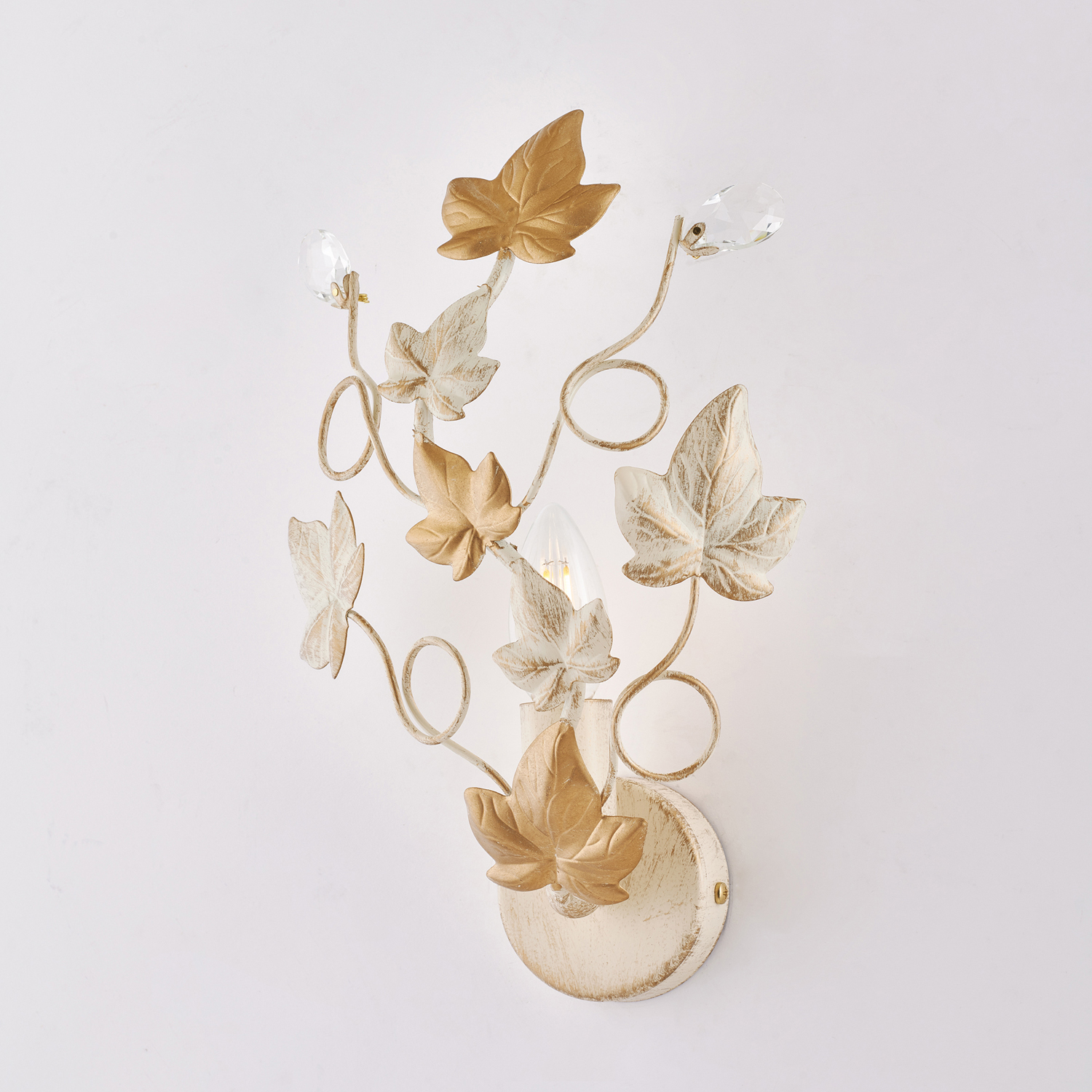 Applique Shabby Edera 1 Luce Ferro Battuto Avorio E Oro Con Foglie E Cristalli BL50-AP1-AV