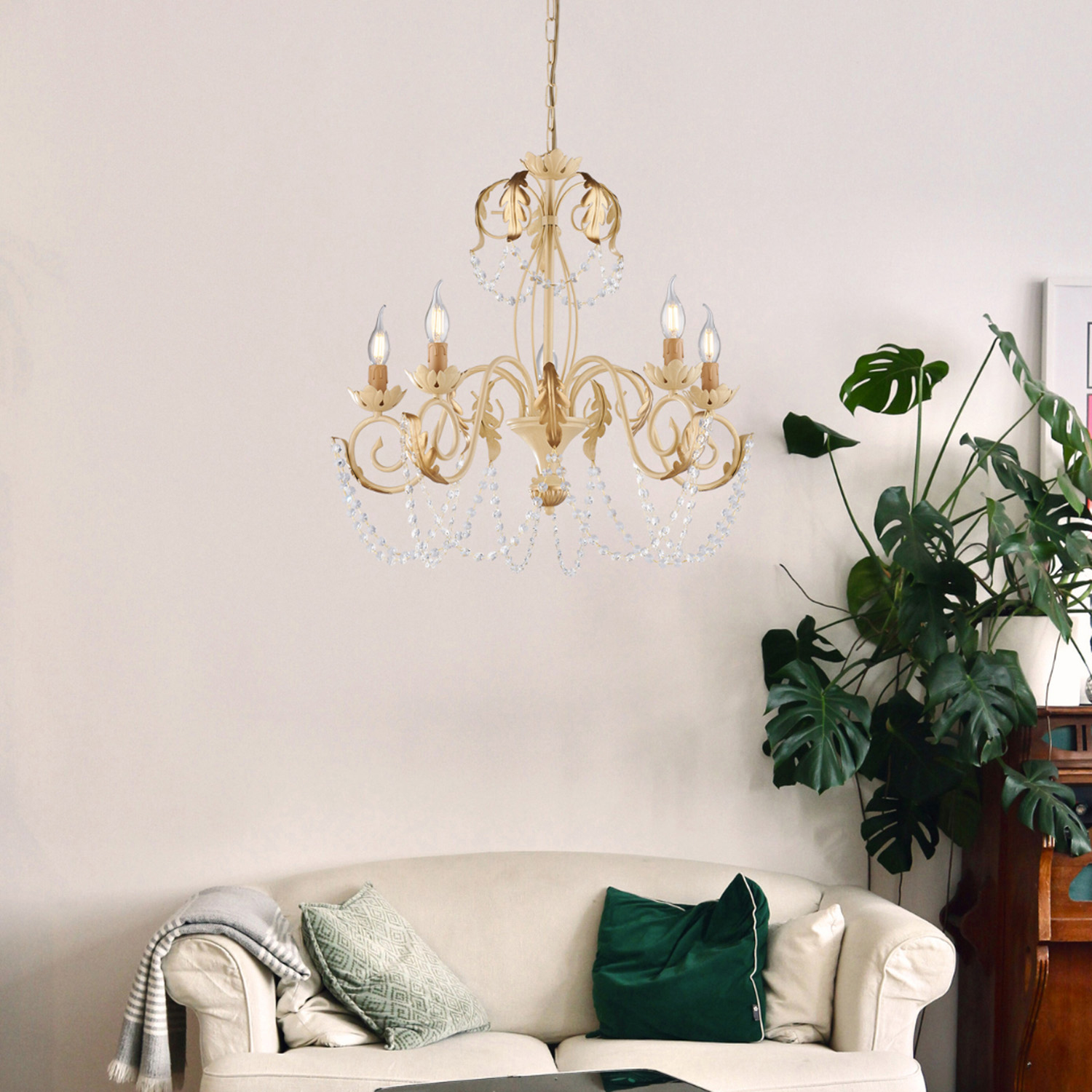 Lampadario Shabby Damasco 5 Luci Ferro Battuto Avorio E Oro Con Cristalli BL77-5-AV