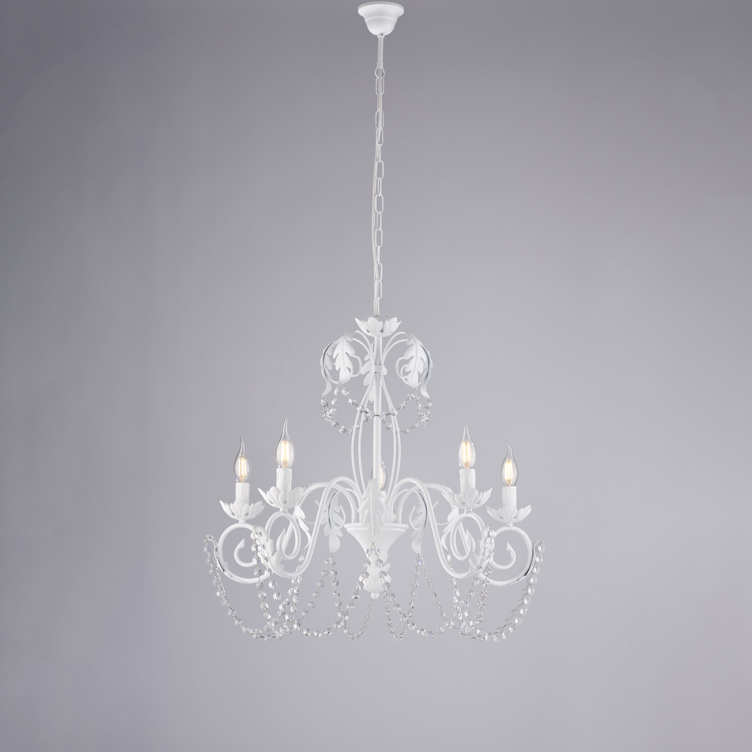 Lampadario Shabby Damasco 5 Luci Ferro Battuto Bianco E Cristalli BL77-5-BCO