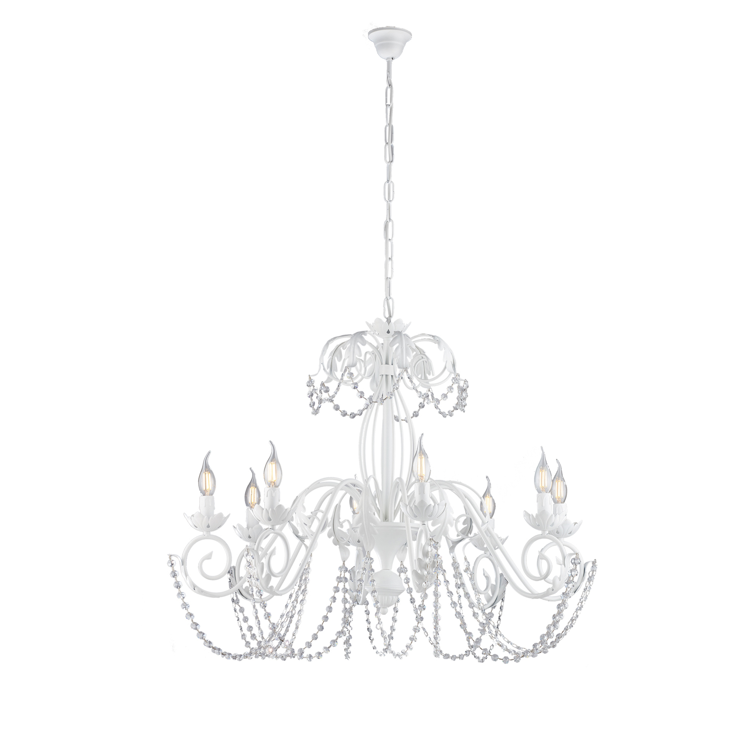 Image of Lampadario Shabby Damasco 8 Luci Ferro Battuto Bianco E Cristalli