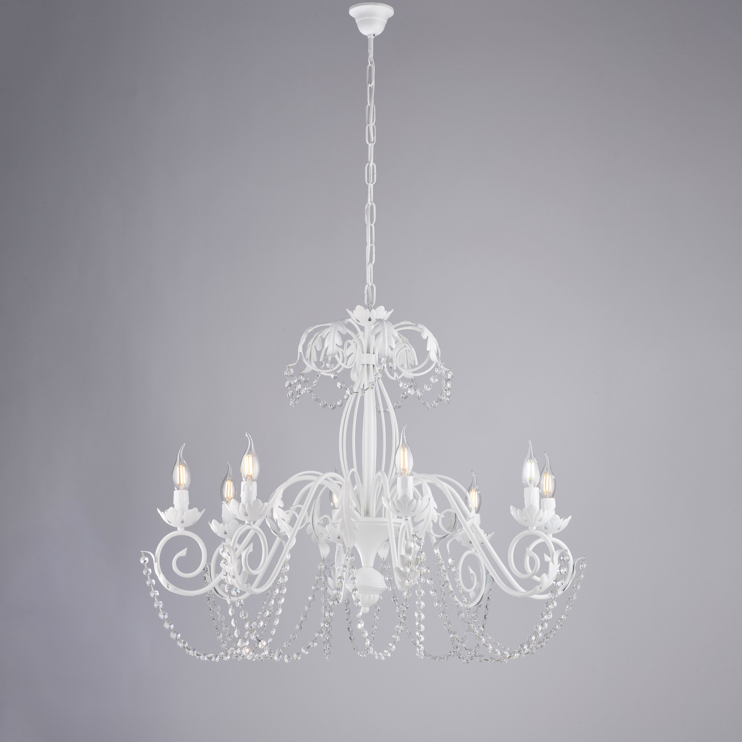 Lampadario Shabby Damasco 8 Luci Ferro Battuto Bianco E Cristalli BL77-8-BCO