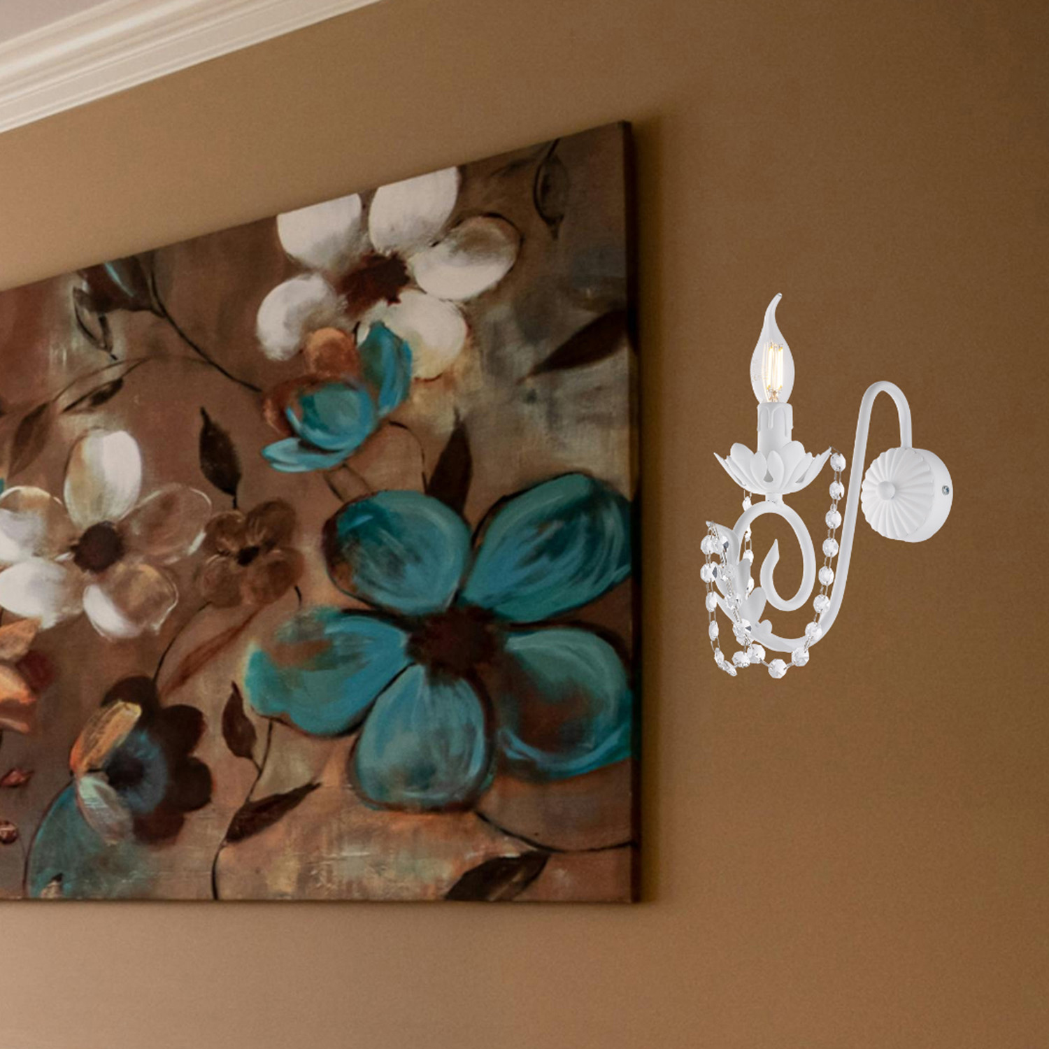 Applique Shabby Damasco 1 Luce Ferro Battuto Bianco E Cristalli BL77-AP1-BCO