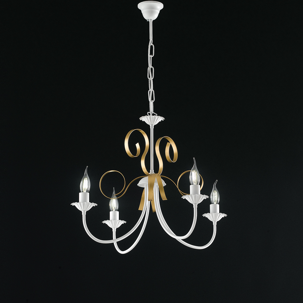 Image of Lampadario Classico 4 Luci Ferro Battuto Bianco E Oro Serie Bandolo