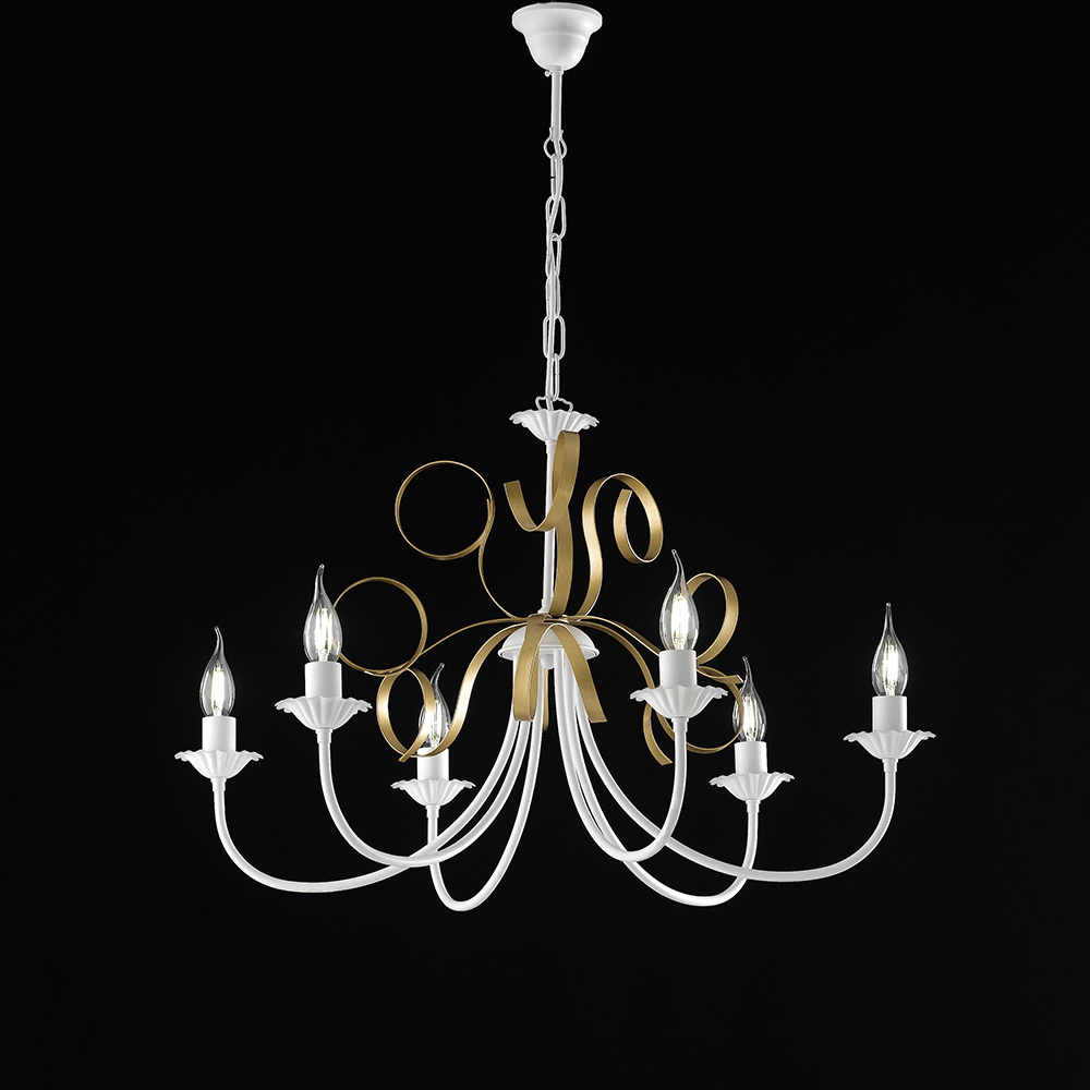 Image of Lampadario Classico 6 Luci Ferro Battuto Bianco E Oro Serie Bandolo