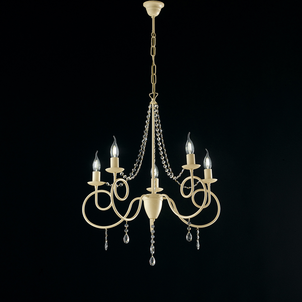 Image of Lampadario Classico 5 Luci Ferro Decapé Avorio E Cristalli Serie Elegant