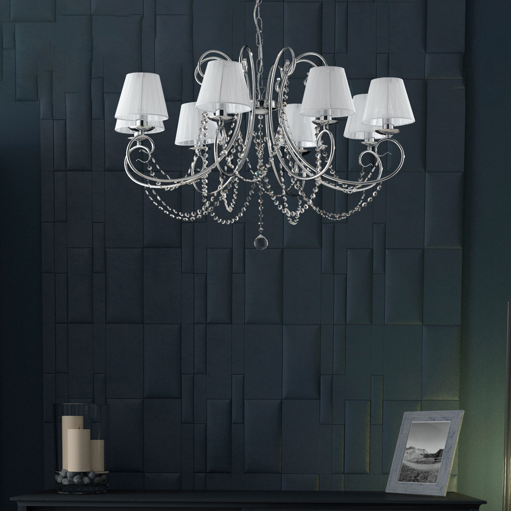 Lampadario Shabby Chic Magda Metallo E Cristallo Cromo 8 Luci E14 Con Paralume BL146-8-CR-PAR