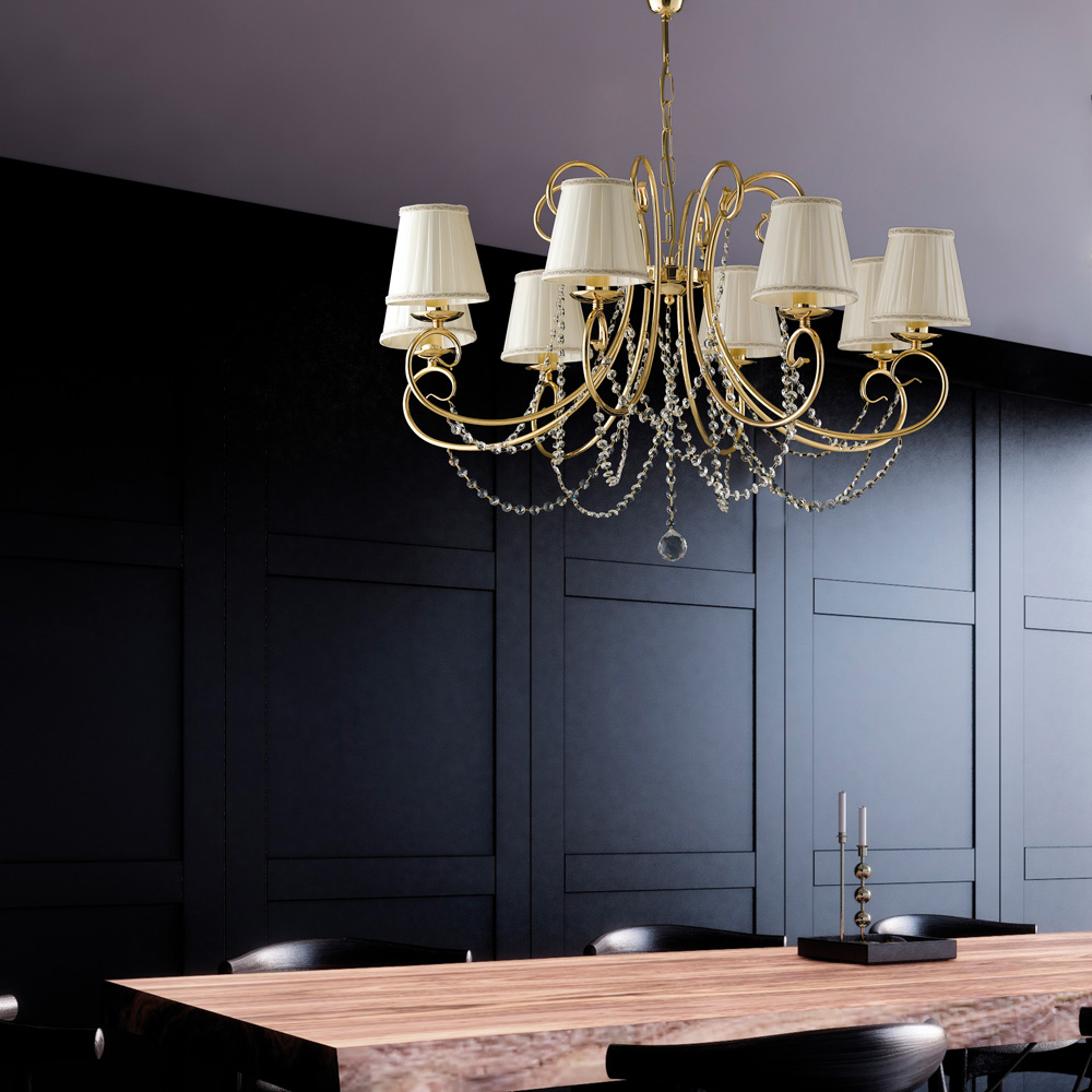 Lampadario Shabby Chic Magda Metallo E Cristallo Oro 8 Luci E14 Con Paralume BL146-8-OR-PAR