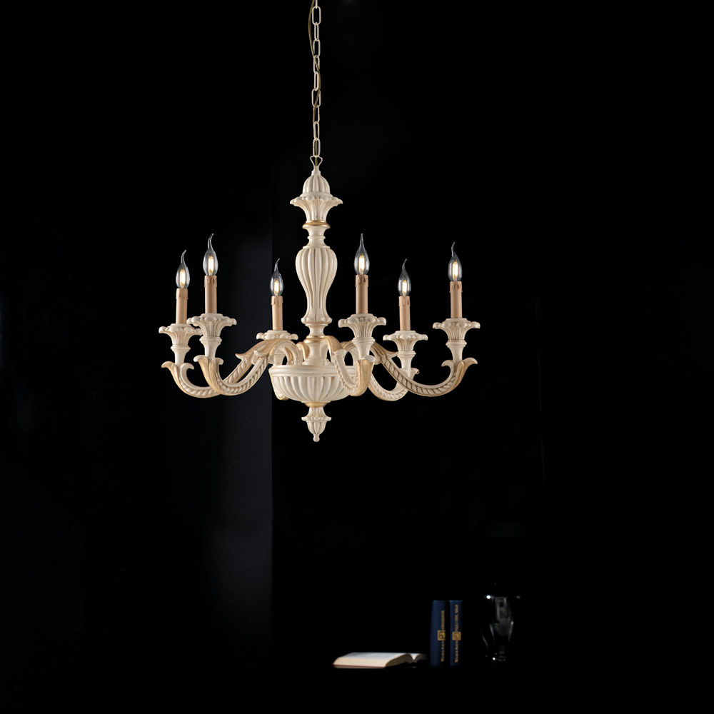 Lampadario Shabby Chic Leonardo Legno Avorio Oro 6 Luci E14 BL180-6-AV