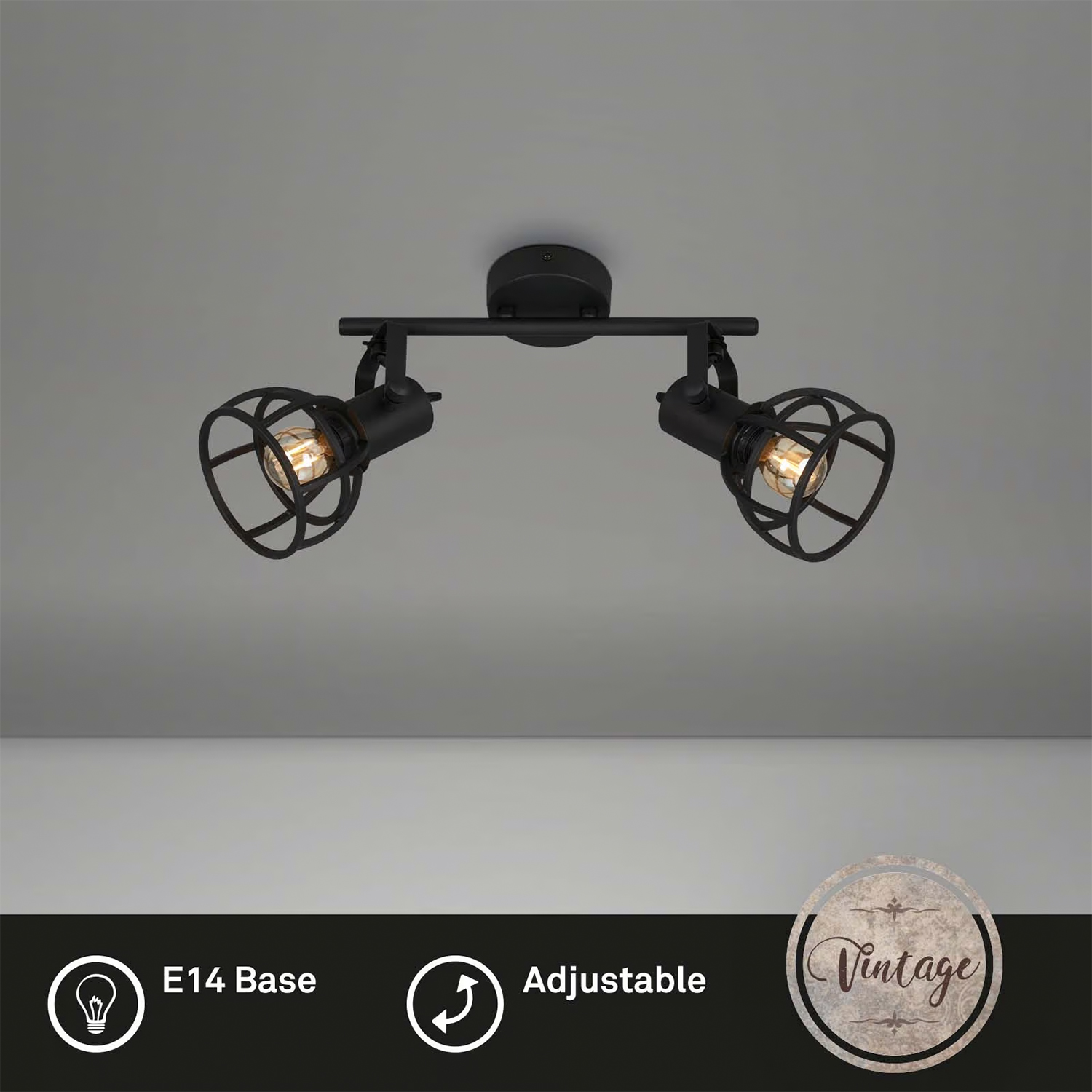 Plafoniera Vintage Korbo Acciaio Nero 2 Luci E14 Ip20 2669025