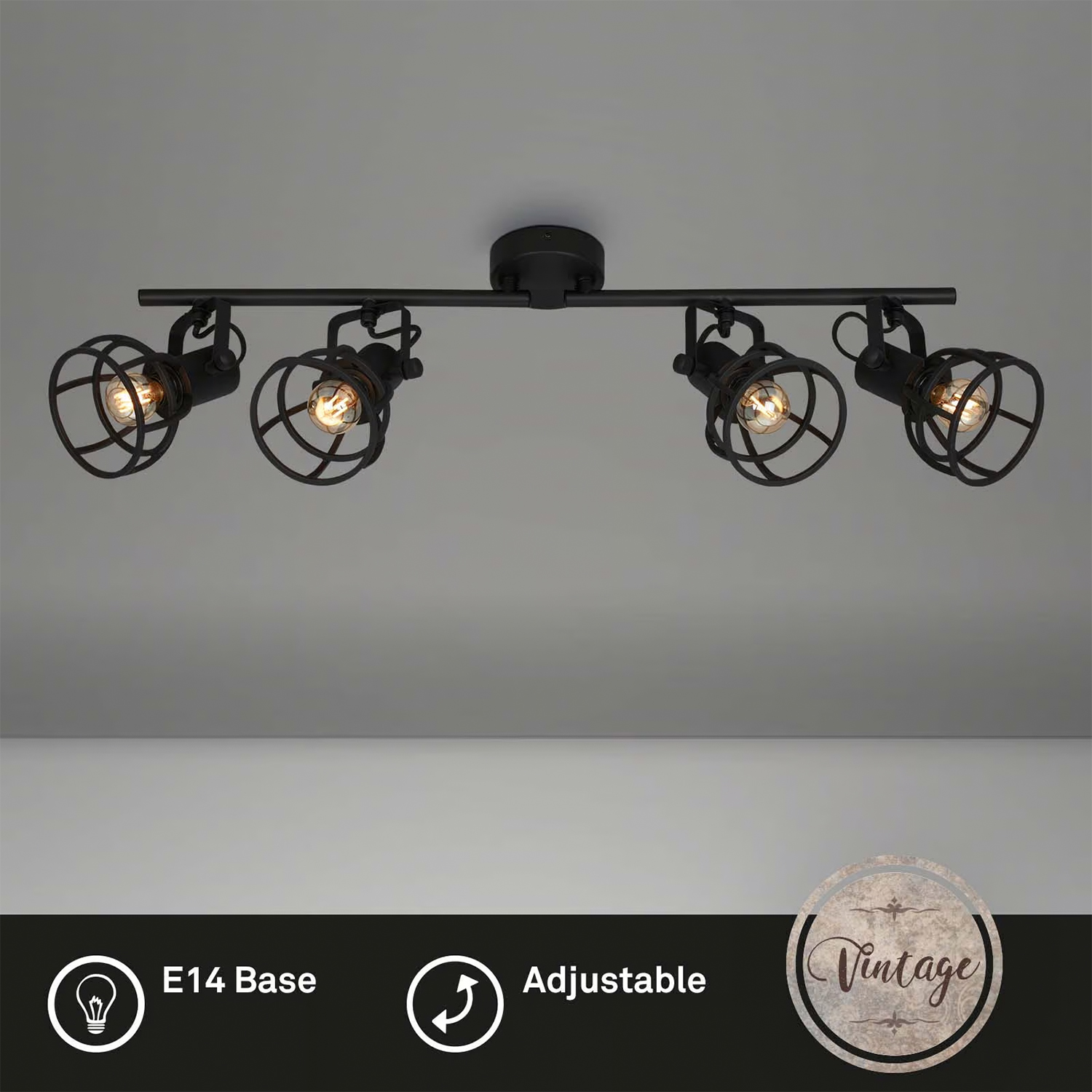 Plafoniera Vintage Korbo Acciaio Nero 4 Luci E14 Ip20 2669045
