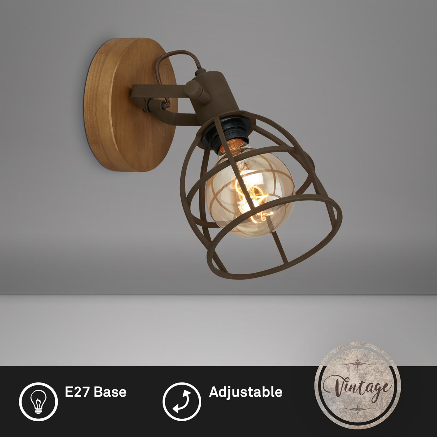 Spot Vintage Korbo Metallo Ruggine Legno 1 Luce E27 Ip20 2670014