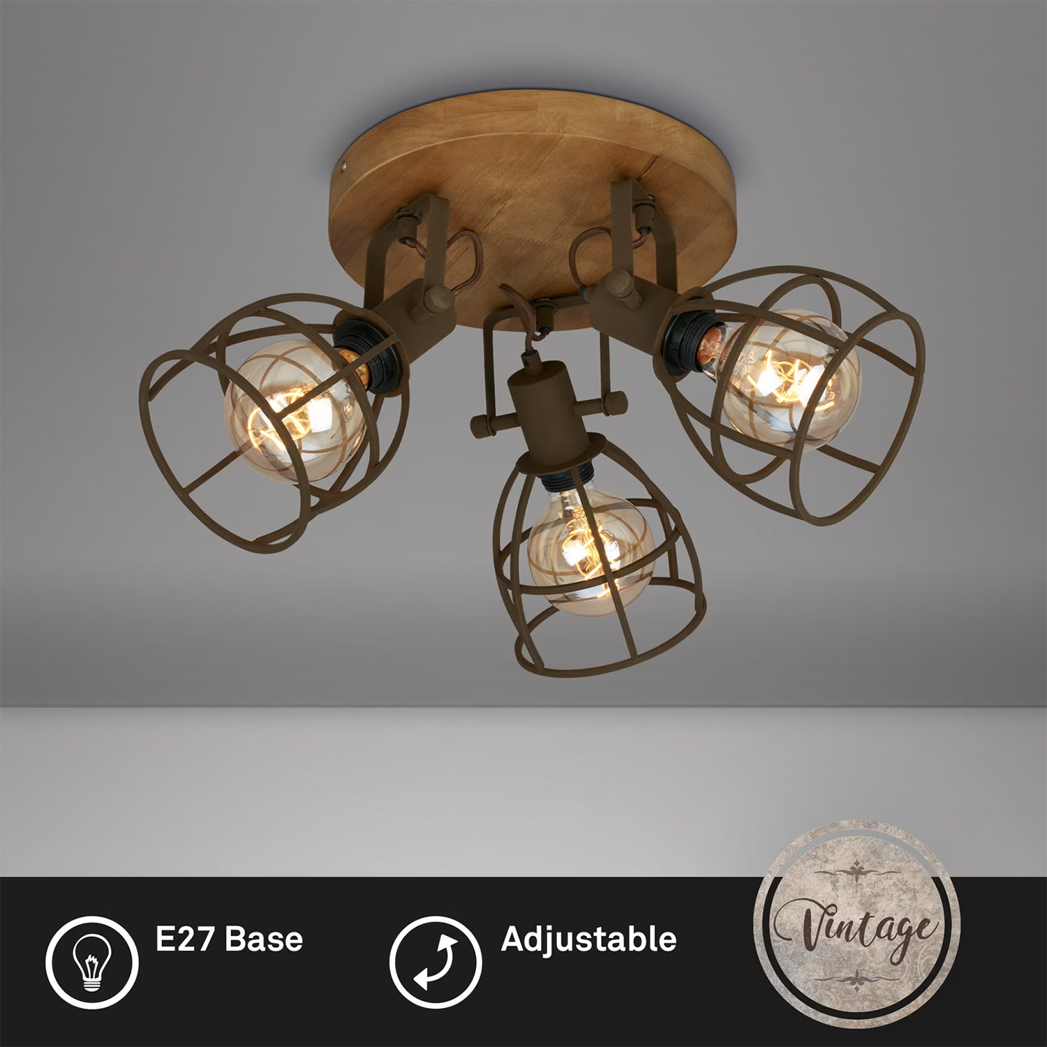 Plafoniera Vintage Korbo Metallo Ruggine Legno 3 Luci E27 Ip20 2670034