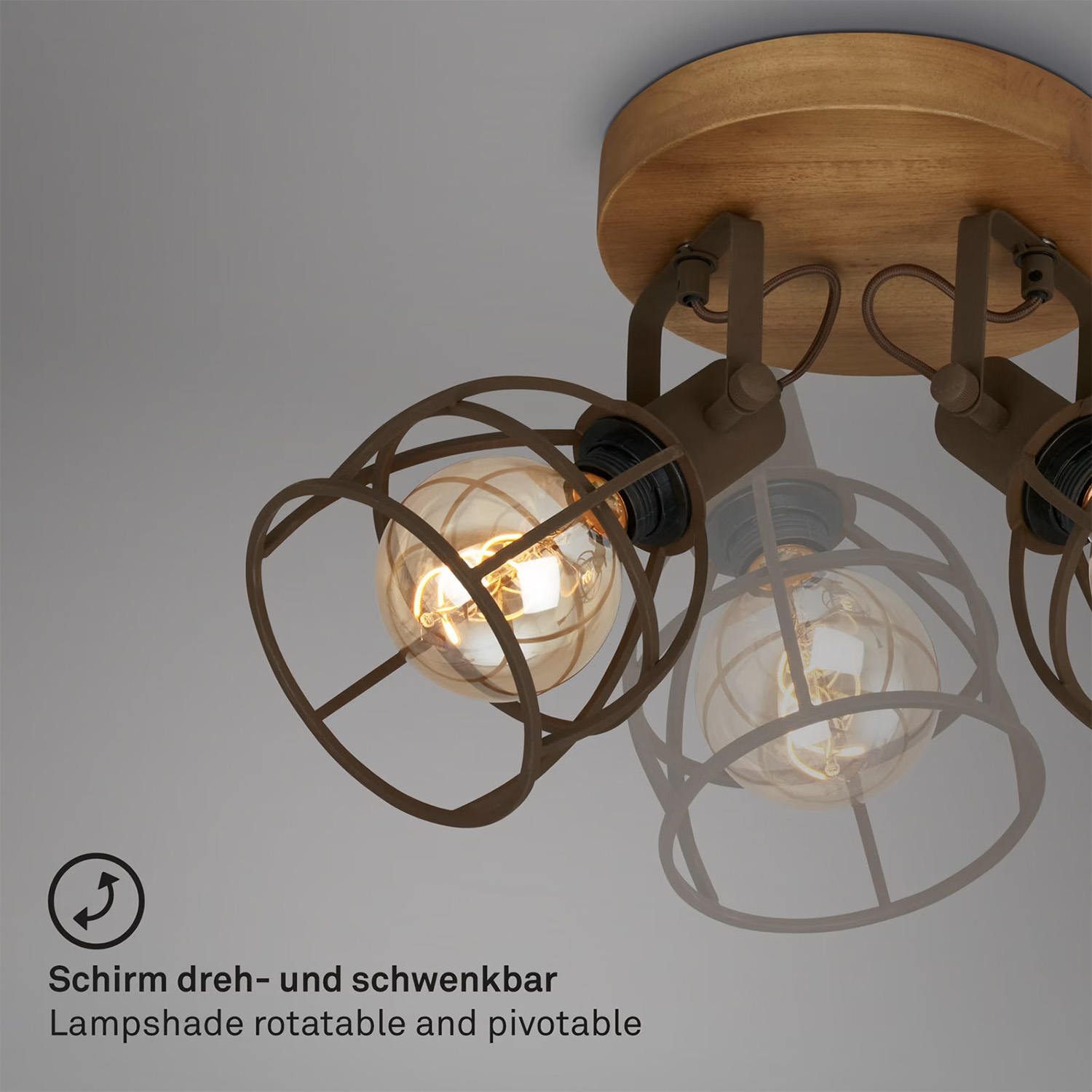 Plafoniera Vintage Korbo Metallo Ruggine Legno 3 Luci E27 Ip20 2670034