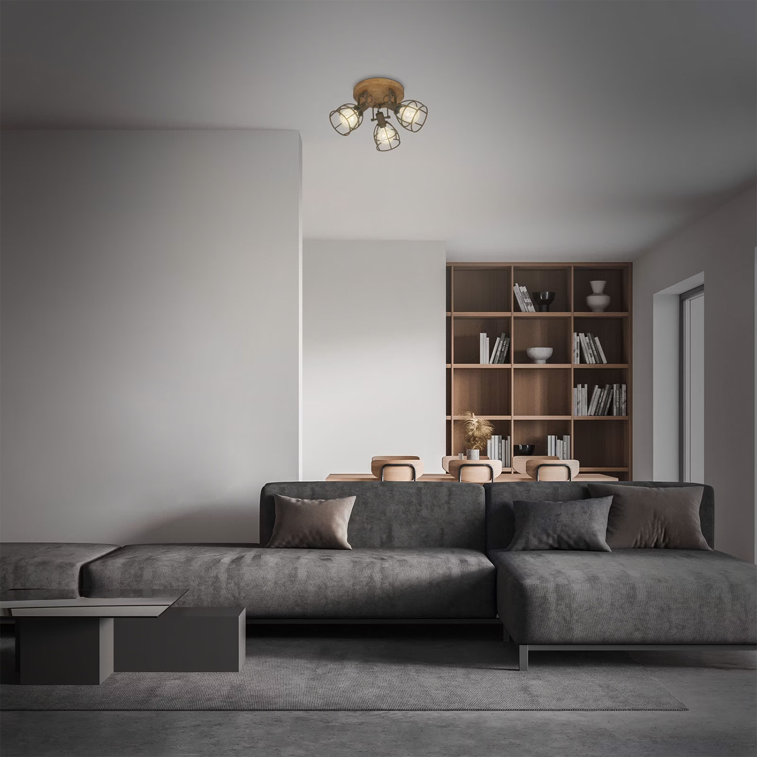 Plafoniera Vintage Korbo Metallo Ruggine Legno 3 Luci E27 Ip20 2670034