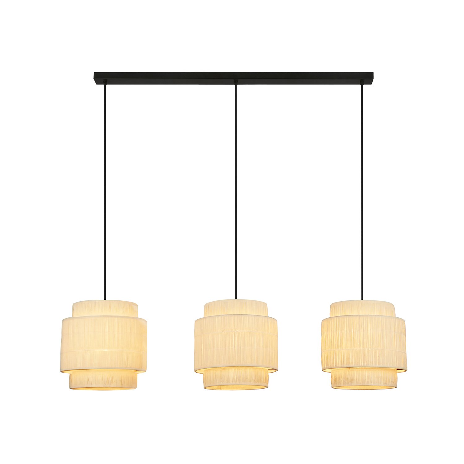 Lampadario Vintage Papper Rafia Naturale Metallo Nero 3 Luci E27