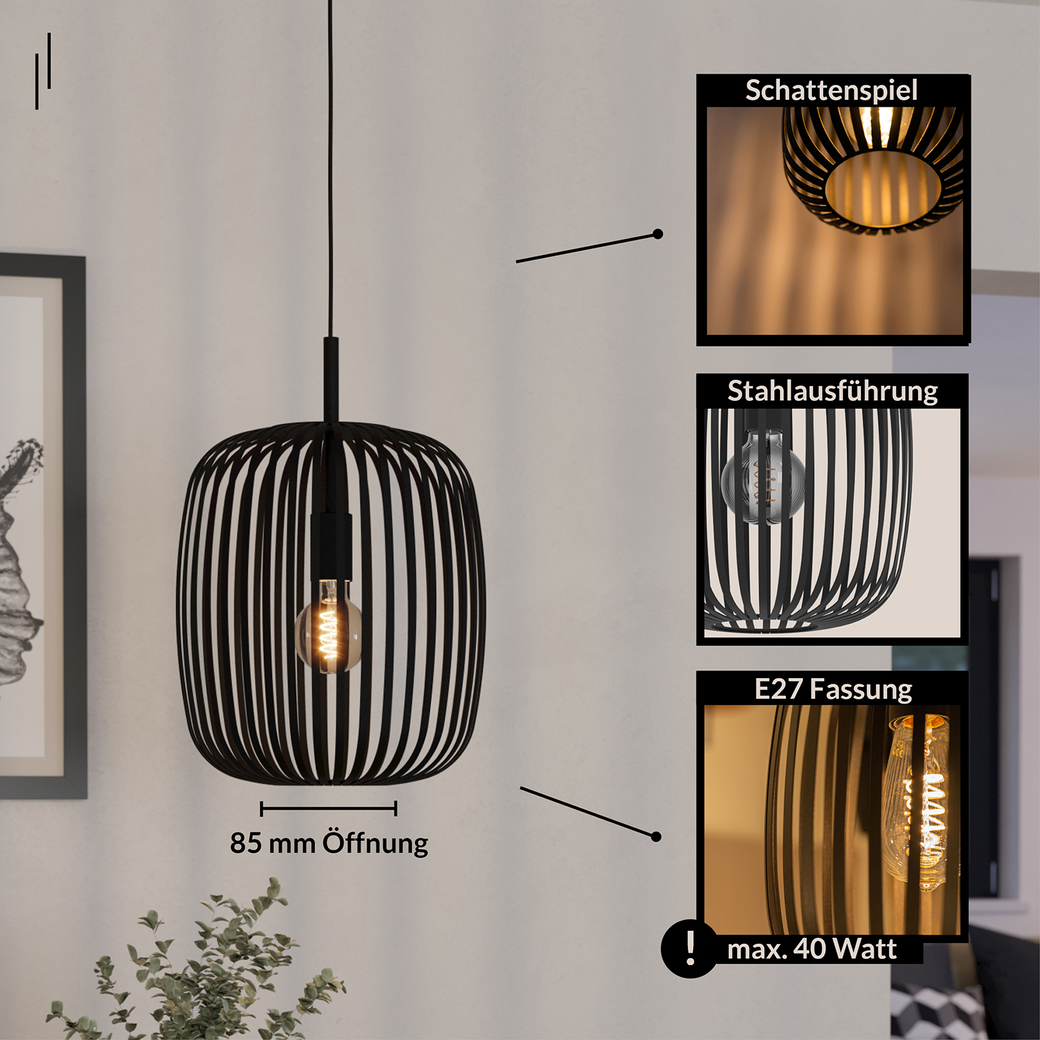 Lampadario A Sospensione Minimal Romazzina Acciaio Nero 1 Luce E27 900494