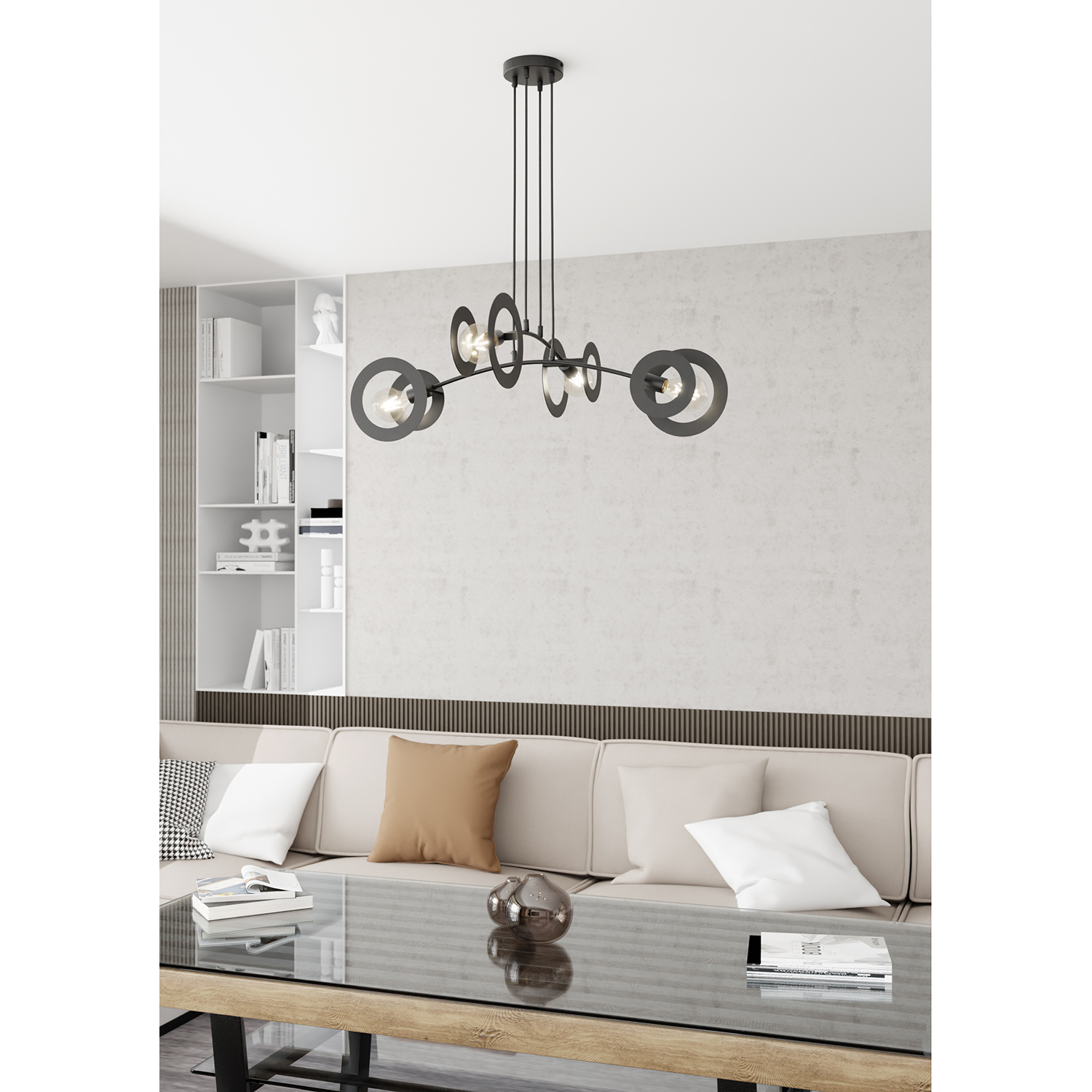 Lampadario 4 Luci Crono In Acciaio Nero A Bracci E Diffusori A Doppio Cerchio LA0025-EB-4-NR