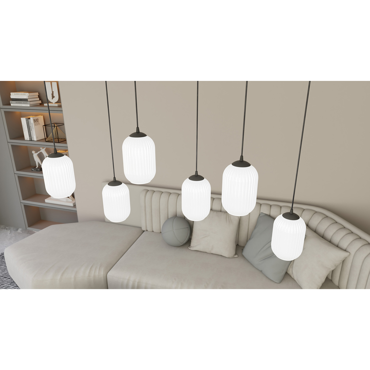 Lampadario 4 Luci Selene In Acciaio Nero E Vetri Plissettati Bianchi LA0029-EB-4-NR-BI