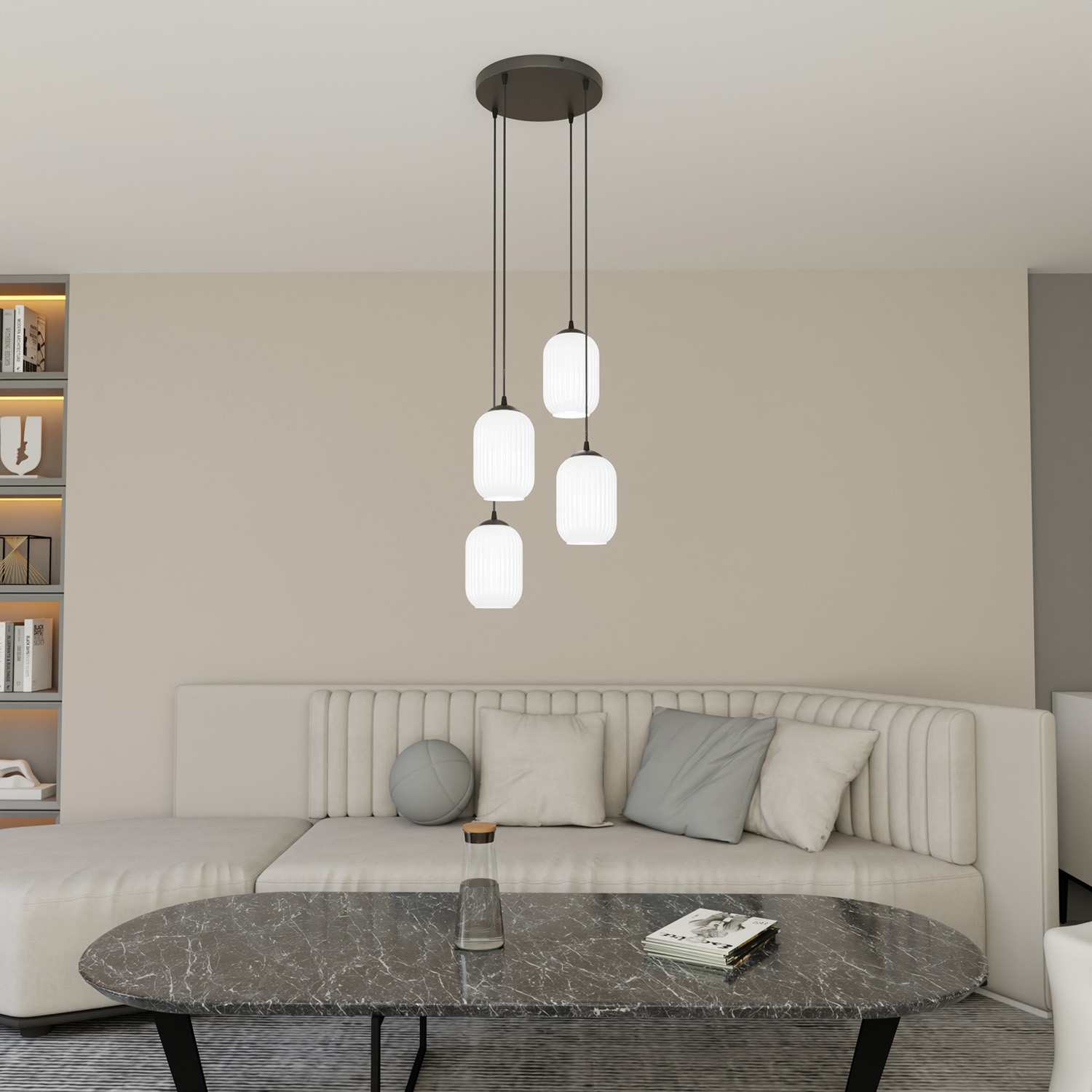 Lampadario 4 Luci Selene Base Tonda In Acciaio Nero E Vetri Plissettati Bianchi LA0029-EB-4-NR-BI2