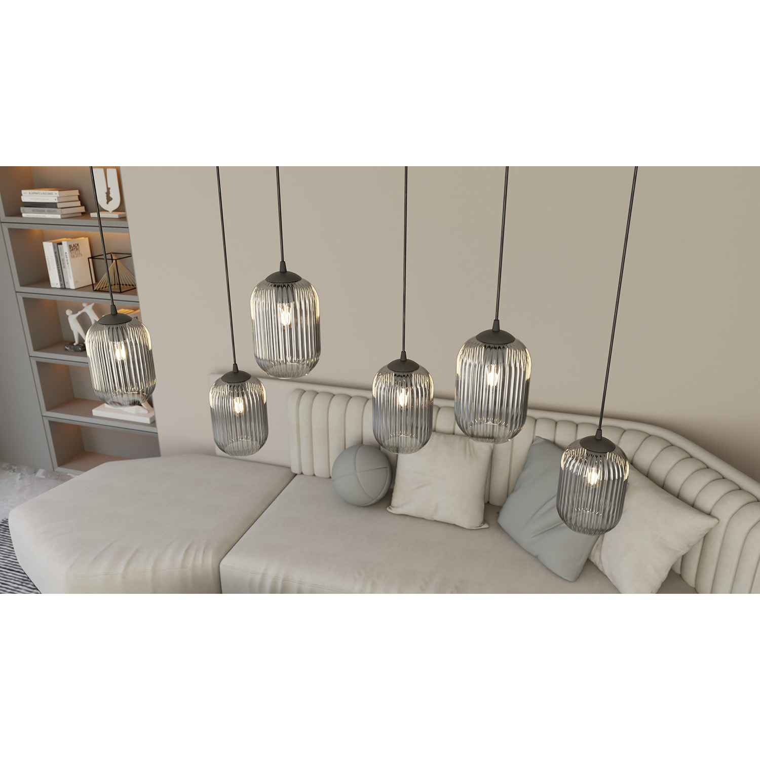 Lampadario 4 Luci Selene Base Tonda In Acciaio Nero E Vetri Plissettati Fumè LA0029-EB-4-NR-GR2