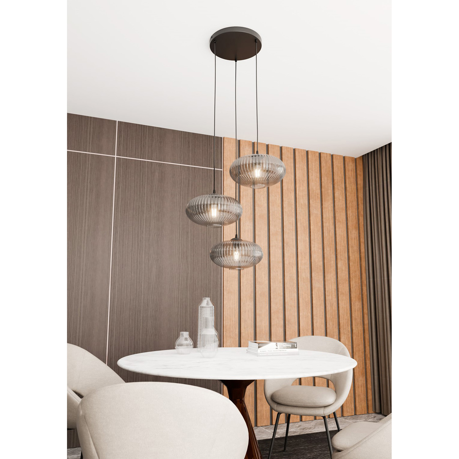 Lampadario 3 Luci Iris Base Tonda In Acciaio Nero Paralume Plissettato Fumè LA0031-EB-3-NR-GR2